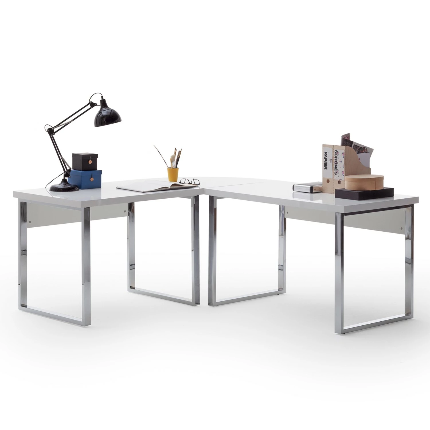 Fredriks Schreibtisch Paddington II - Hochglanz Weiß / Chrom 4 Fredriks Schreibtisch Paddington II - Hochglanz Weiß / Chrom – Bild 2