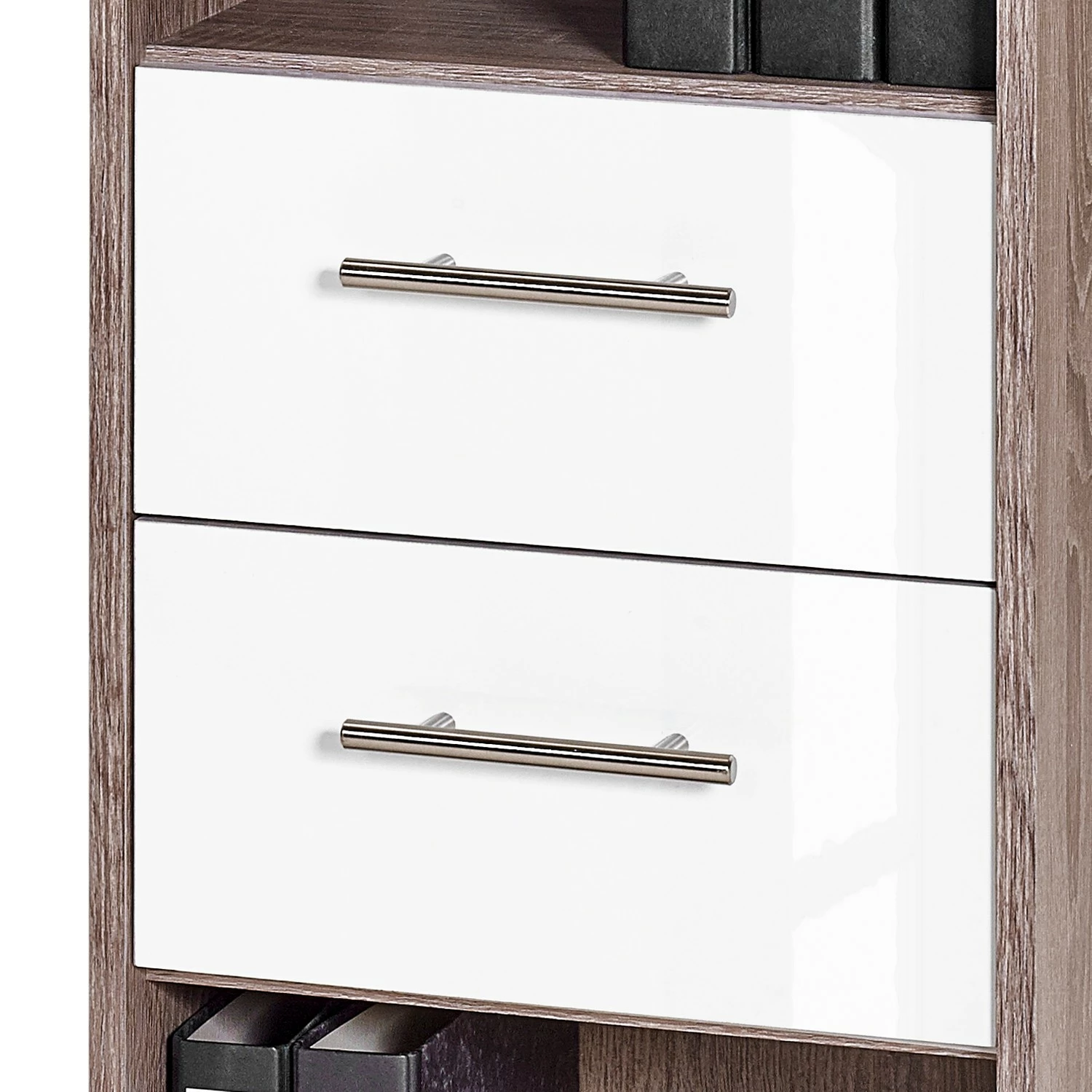 Furnitive Aktenregal Arcon - Trüffeleiche Dekor / Hochglanz Weiß 5 Furnitive Aktenregal Arcon - Trüffeleiche Dekor / Hochglanz Weiß – Bild 3