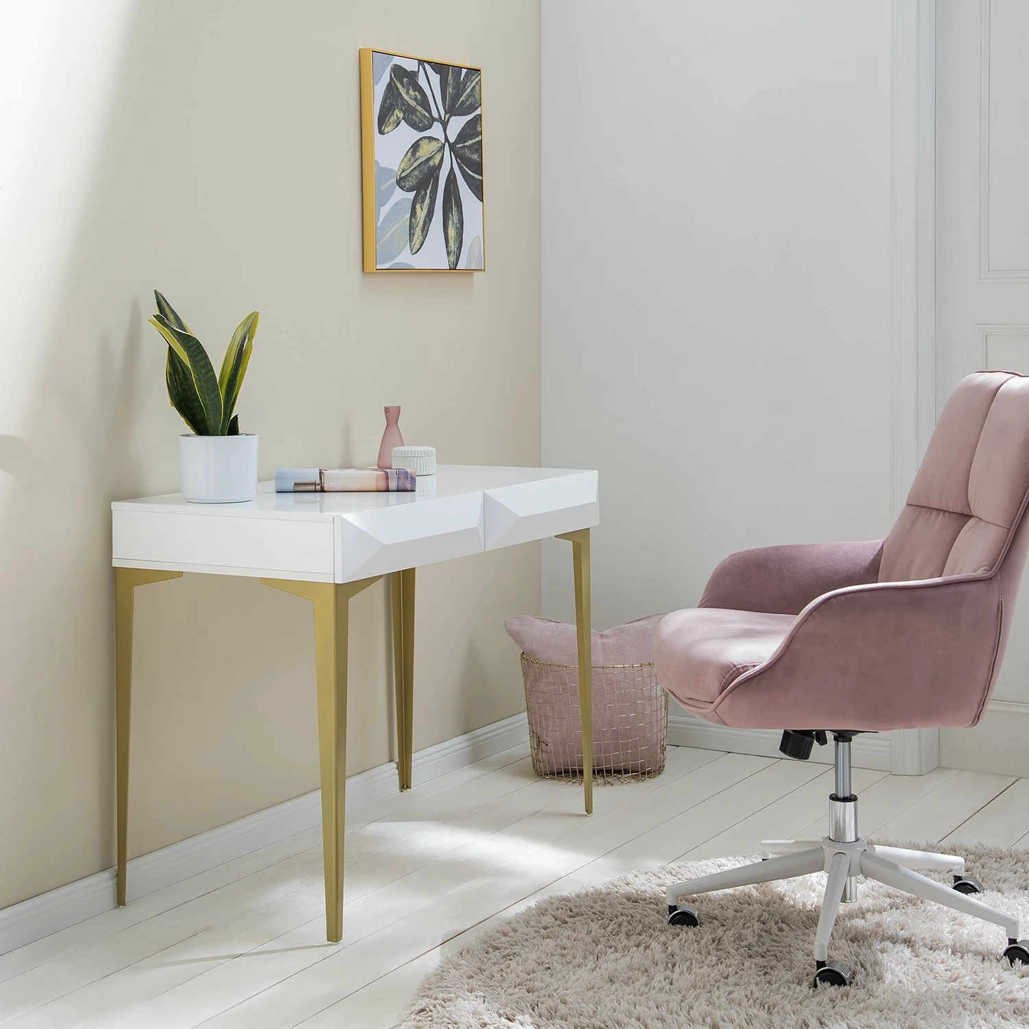 Jack & Alice Schreibtisch Canoa - Hochglanz Weiß / Gold 4 Jack & Alice Schreibtisch Canoa - Hochglanz Weiß / Gold – Bild 2