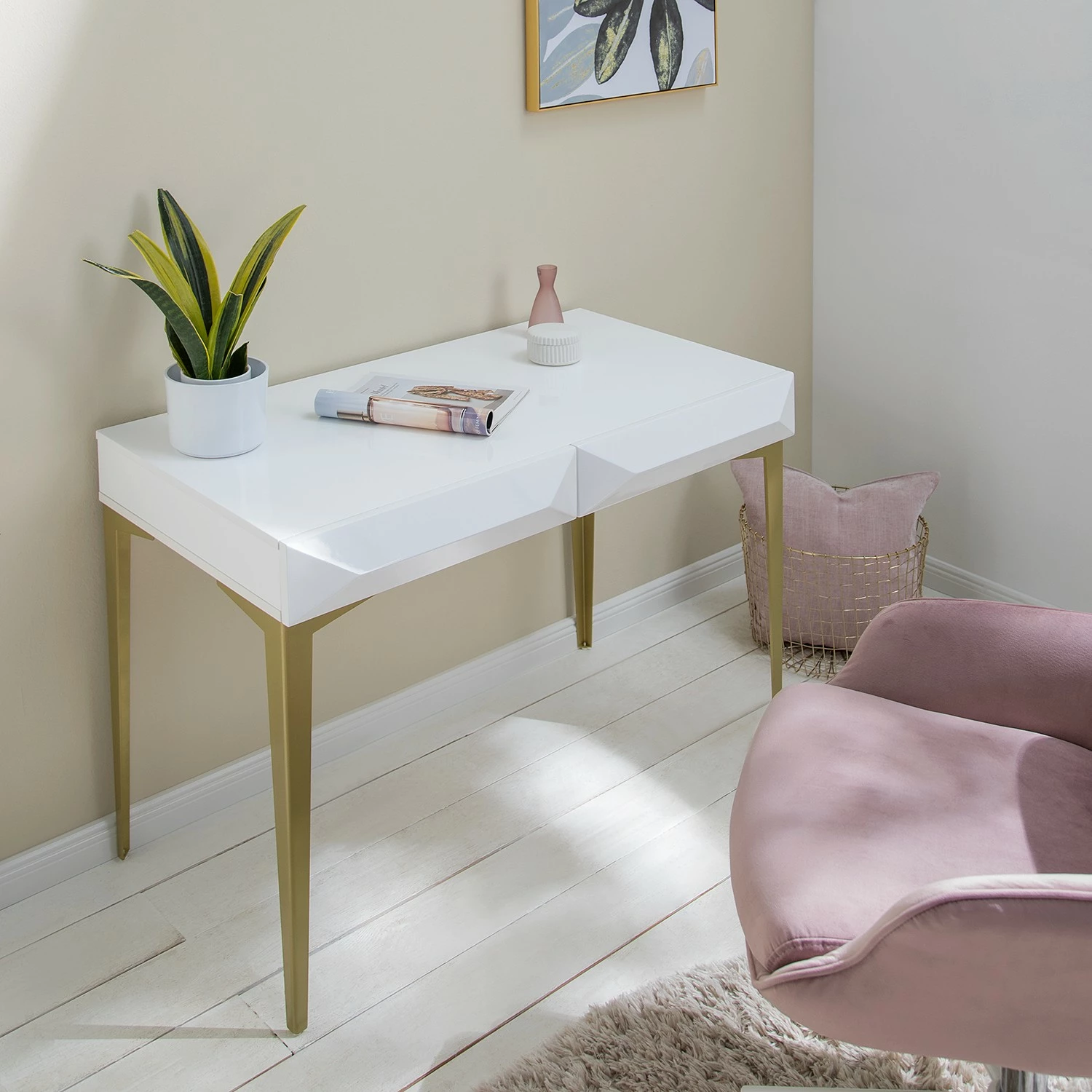 Jack & Alice Schreibtisch Canoa - Hochglanz Weiß / Gold 5 Jack & Alice Schreibtisch Canoa - Hochglanz Weiß / Gold – Bild 3