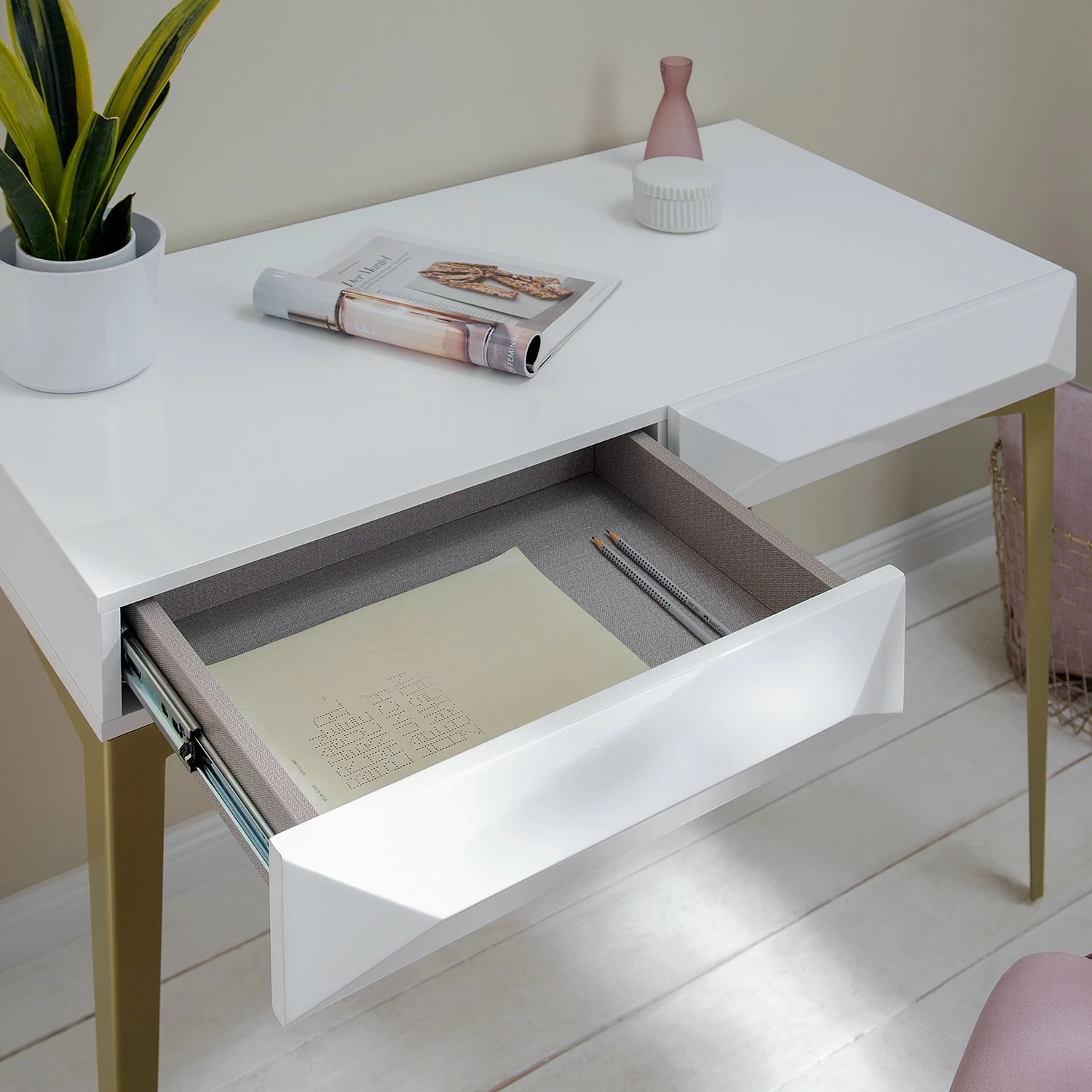 Jack & Alice Schreibtisch Canoa - Hochglanz Weiß / Gold 6 Jack & Alice Schreibtisch Canoa - Hochglanz Weiß / Gold – Bild 4