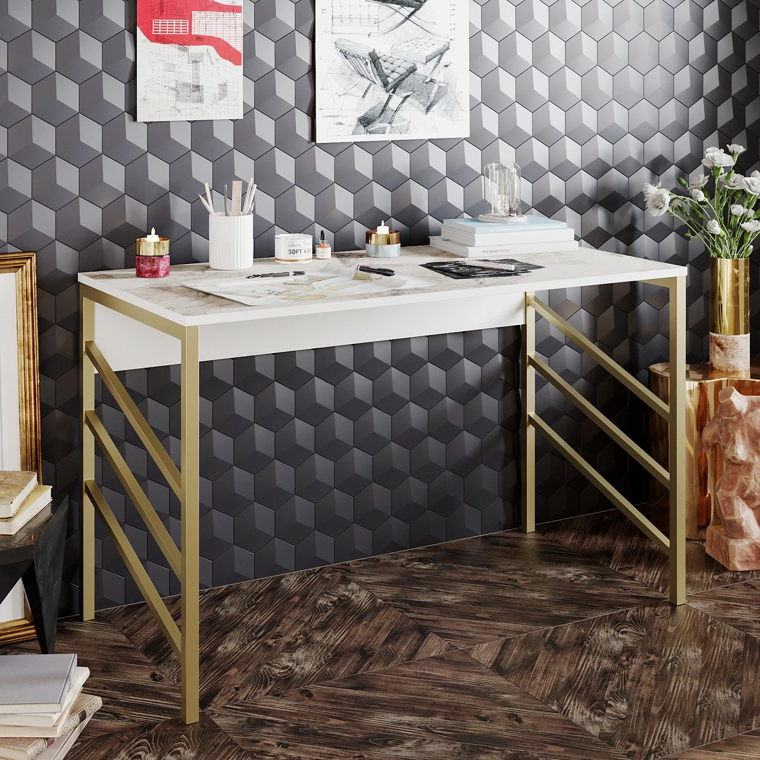 Red Living Schreibtisch Aneta - Marmor Weiß Dekor 4 Red Living Schreibtisch Aneta - Marmor Weiß Dekor – Bild 2