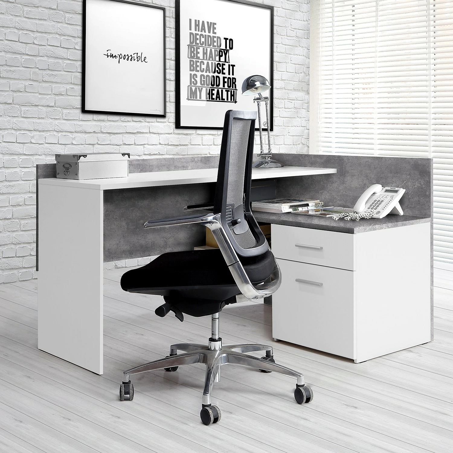 Fredriks Eckschreibtisch Niya - Weiß / Betongrau 4 Fredriks Eckschreibtisch Niya - Weiß / Betongrau – Bild 2