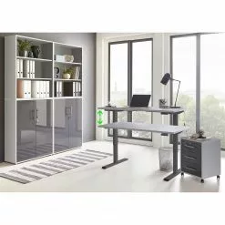 Furnitive Büroset Avin XVI (6-teilig) - (Höhenverstellbar) - Lichtgrau / Hochglanz Anthrazit