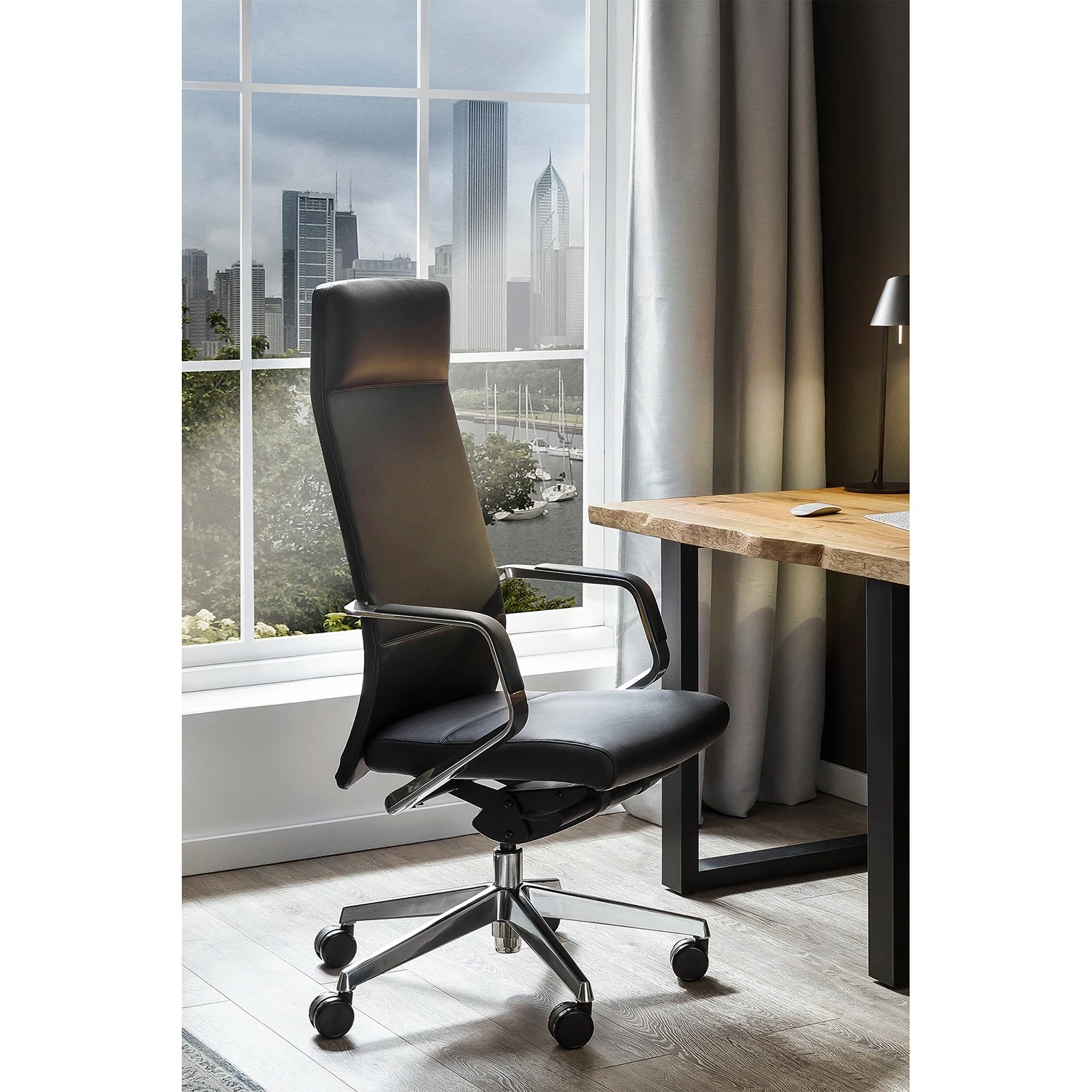 Fredriks Bürostuhl Mecco - Echtleder / Aluminium - Schwarz / Silber 5 Fredriks Bürostuhl Mecco - Echtleder / Aluminium - Schwarz / Silber – Bild 3