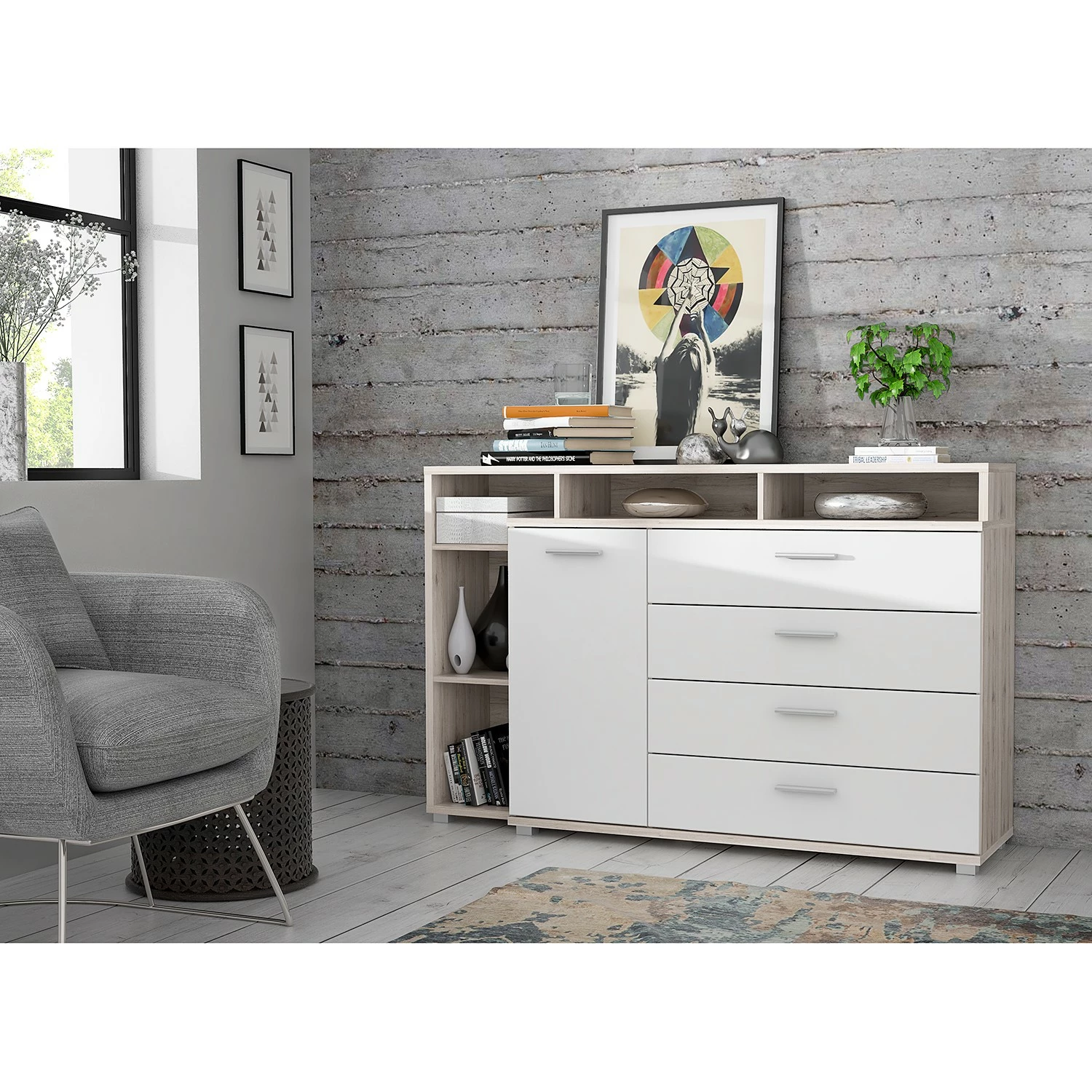 Loftscape Sideboard Piemont III - Weiß / Sandeiche Dekor 4 Loftscape Sideboard Piemont III - Weiß / Sandeiche Dekor – Bild 2