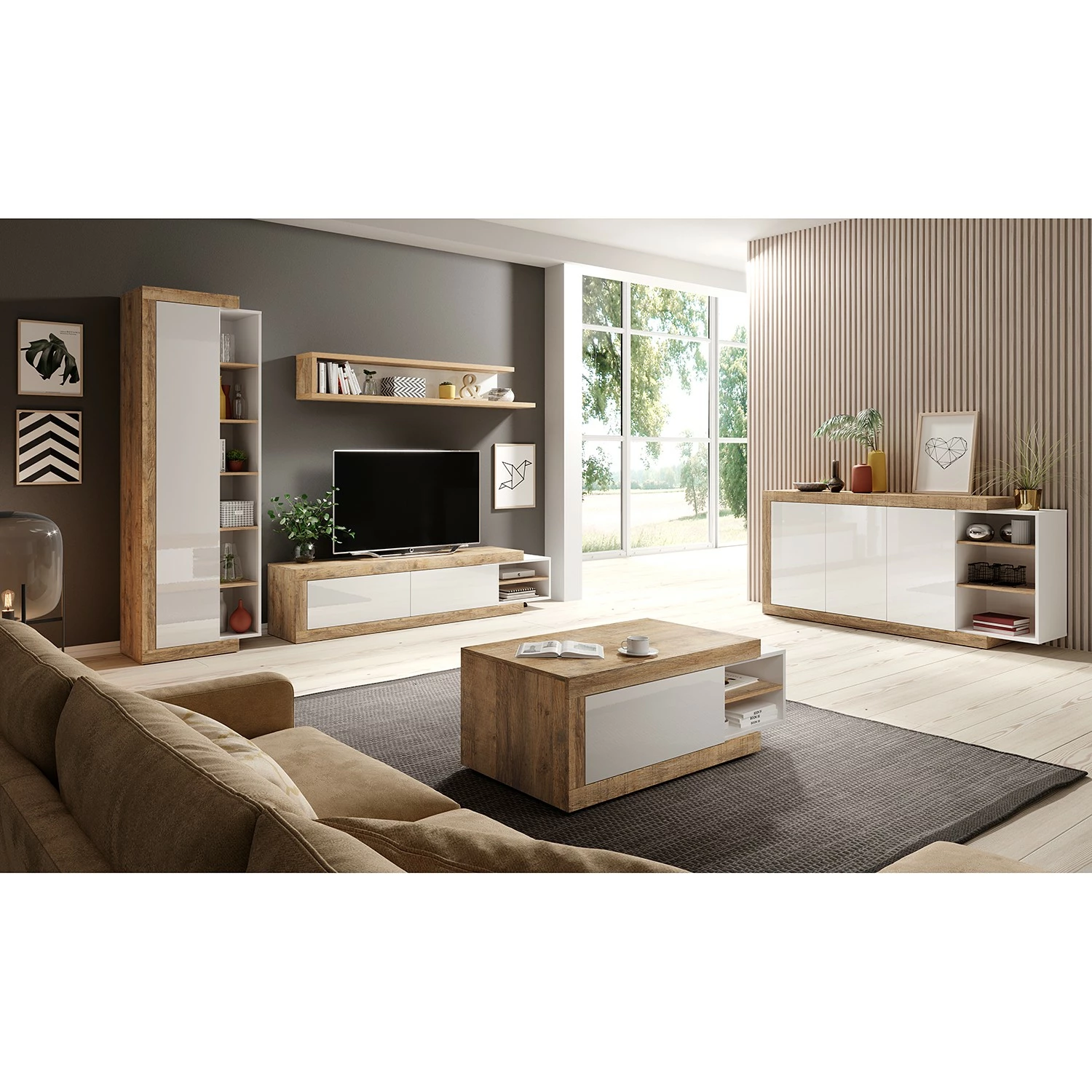 Loftscape Sideboard Shipley II - Hochglanz Weiß / Eiche Dekor - Breite: 180 cm 4 Loftscape Sideboard Shipley II - Hochglanz Weiß / Eiche Dekor - Breite: 180 cm – Bild 2