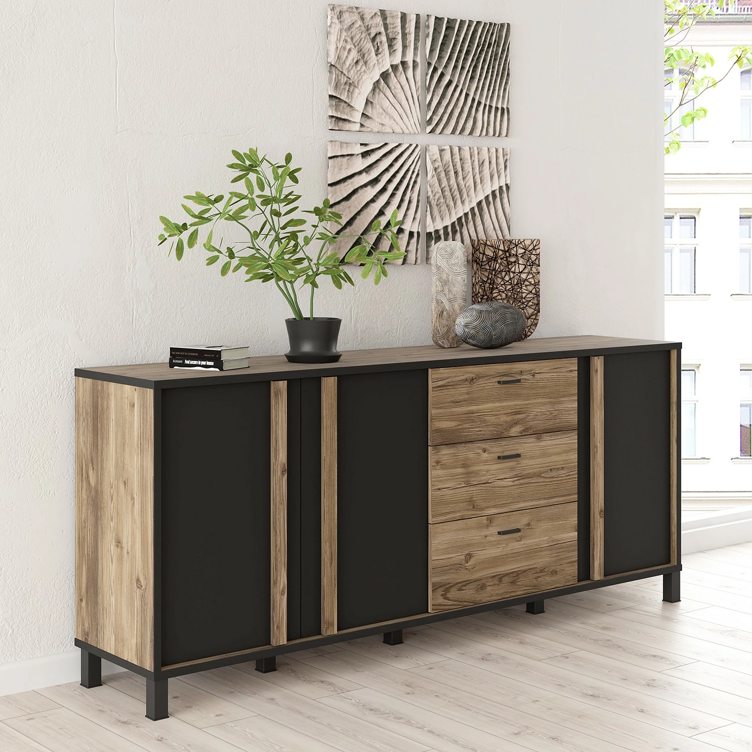 Red Living Sideboard Vallegrande II - Alpenkiefer Dekor / Schwarz 4 Red Living Sideboard Vallegrande II - Alpenkiefer Dekor / Schwarz – Bild 2