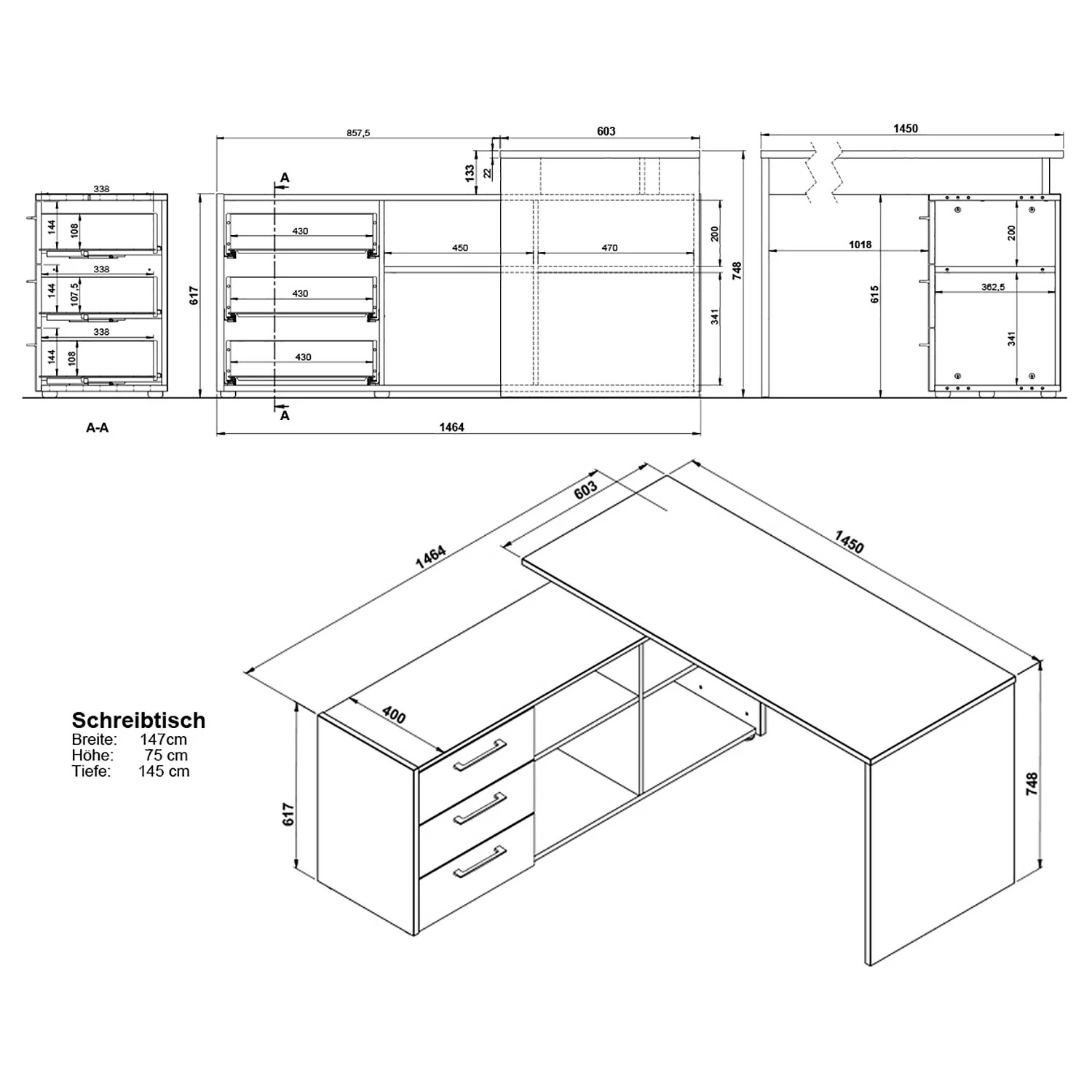Germania Eckschreibtisch GW-Pasadena - Graphit / Weiß 6 Germania Eckschreibtisch GW-Pasadena - Graphit / Weiß – Bild 4