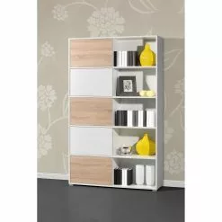 Schiebetürenregal Mingle I - Weiß / Eiche Sonoma Dekor -Büromöbel Verkäufe schiebetuerenregal mingle i weiss eiche sonoma dekor 5029120