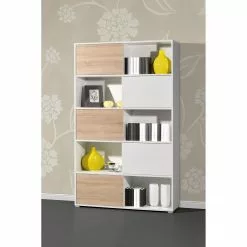 Schiebetürenregal Mingle I - Weiß / Eiche Sonoma Dekor -Büromöbel Verkäufe schiebetuerenregal mingle i weiss eiche sonoma dekor 5029132