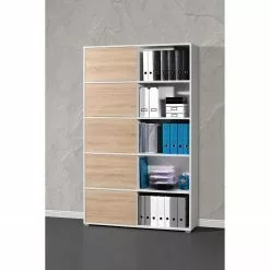 Schiebetürenregal Mingle I - Weiß / Eiche Sonoma Dekor -Büromöbel Verkäufe schiebetuerenregal mingle i weiss eiche sonoma dekor 5029136