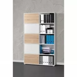 Schiebetürenregal Mingle I - Weiß / Eiche Sonoma Dekor -Büromöbel Verkäufe schiebetuerenregal mingle i weiss eiche sonoma dekor 5029144