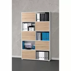 Schiebetürenregal Mingle I - Weiß / Eiche Sonoma Dekor -Büromöbel Verkäufe schiebetuerenregal mingle i weiss eiche sonoma dekor 5029148