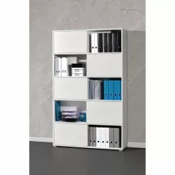 Schiebetürenregal Mingle I - Weiß / Eiche Sonoma Dekor -Büromöbel Verkäufe schiebetuerenregal mingle i weiss eiche sonoma dekor 5029152