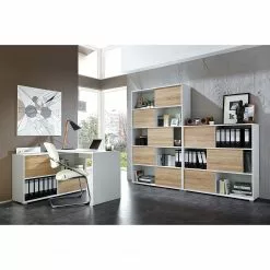 Schiebetürenregal Mingle I - Weiß / Eiche Sonoma Dekor -Büromöbel Verkäufe schreibtisch mingle weiss eiche sonoma dekor 5029284